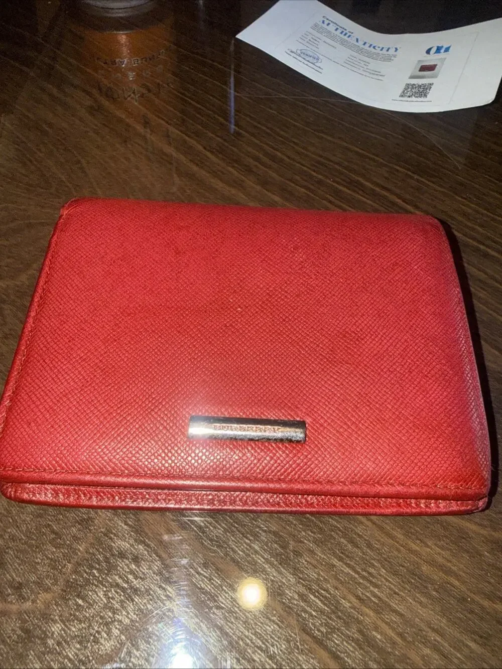 Burberry Red Leather Wallet Card Holder Coin Purse Nova Check